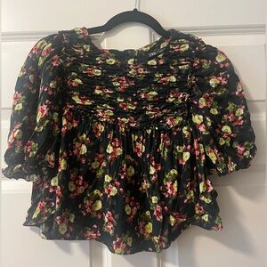 Zara Floral Ruched Cropped Blouse in Black Floral